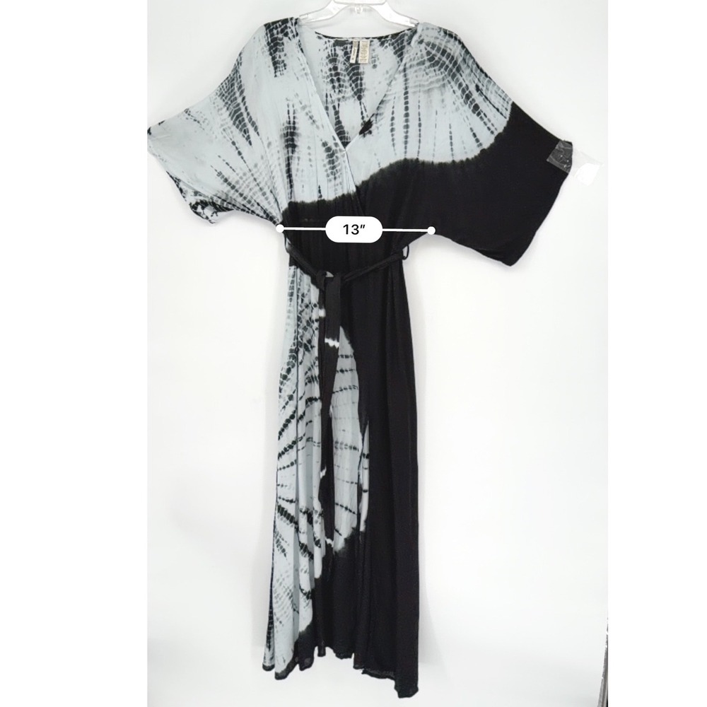 Japna Tie Dye Maxi Dress Kimono Sleeve Belted Boho Festival Black Gray M 101-00 - Picture 7 of 13